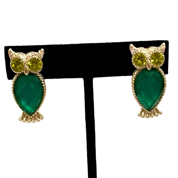 Sterling Silver Owl Clip On Earrings 925 Peridot Eyes Chalcedony Doublet Body - Picture 1 of 12